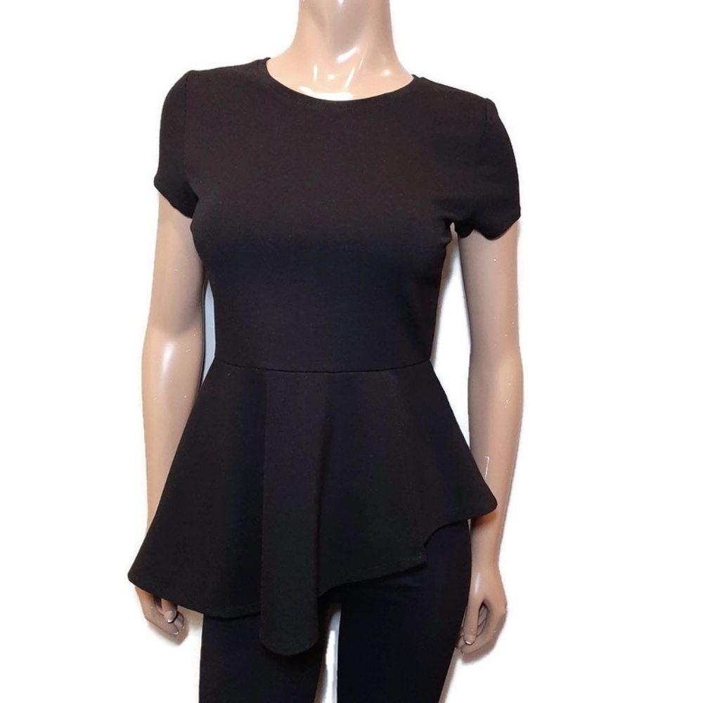 Catherine Malandrino Short Sleeve Asymmetric Peplum Top Black Blouse Size Small